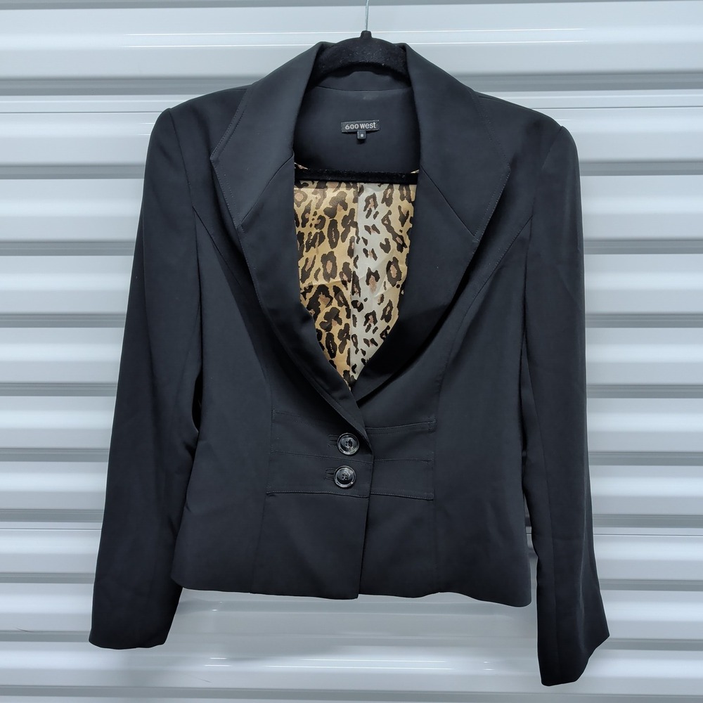 600 West Blazer Size 8 Womens Black Leopard Print‎ Lining Tailored Career Jacket